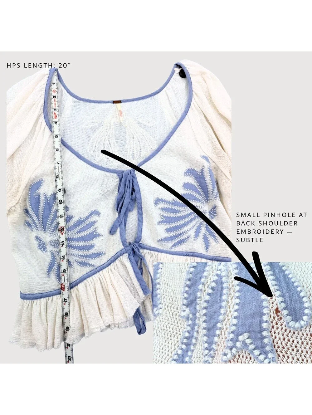 Free People Lookout Tie Front Embroidered Top Ivory Blue L